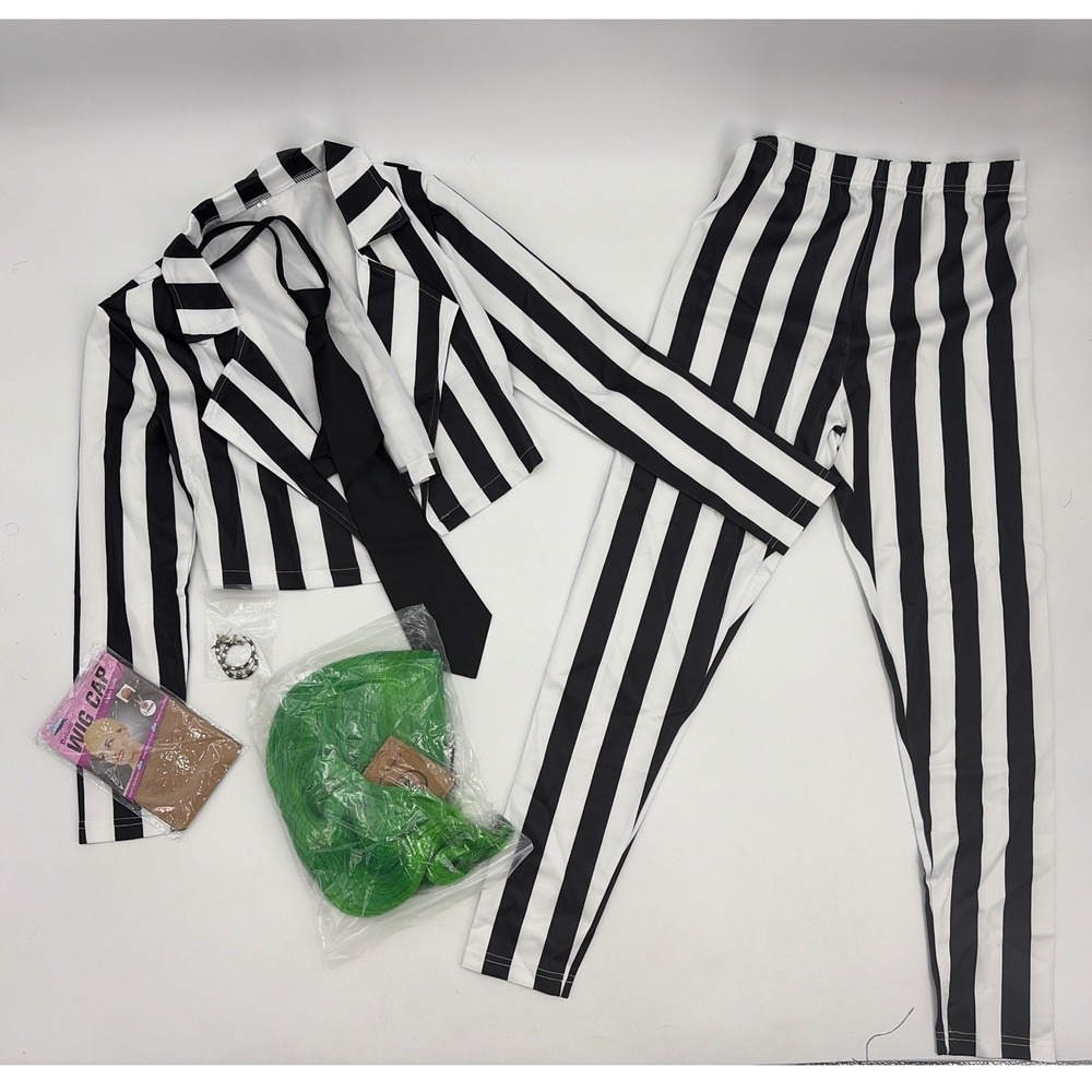 Beetlejuice Costume Set Small Striped Jacket Leggings Wig Tie Earrings NWOT